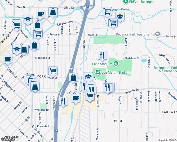 map of restaurants, bars, coffee shops, grocery stores, and more near 1400 Moore Street in Bellingham