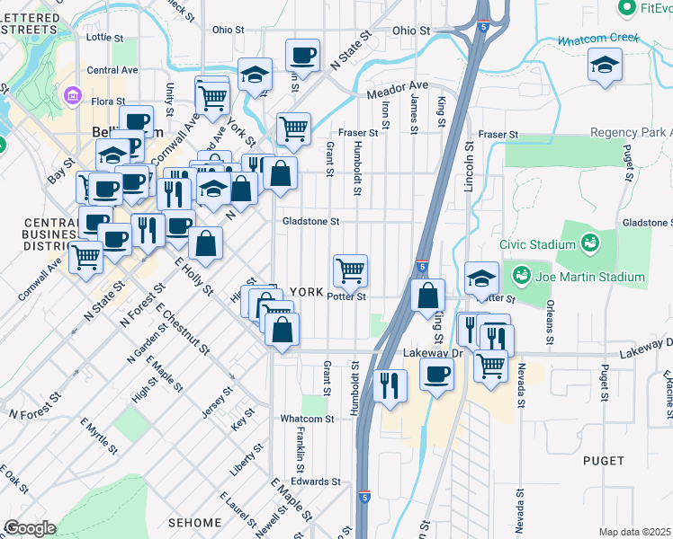 map of restaurants, bars, coffee shops, grocery stores, and more near 1404 Grant Street in Bellingham
