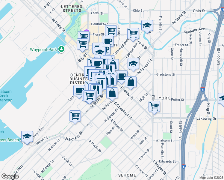 map of restaurants, bars, coffee shops, grocery stores, and more near 1226 North State Street in Bellingham
