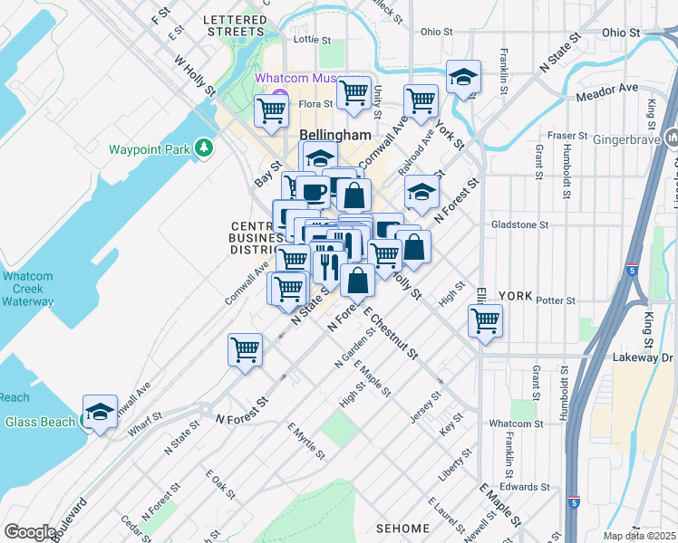 map of restaurants, bars, coffee shops, grocery stores, and more near 1205 North State Street in Bellingham