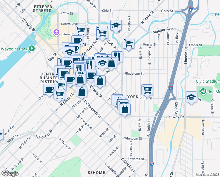 map of restaurants, bars, coffee shops, grocery stores, and more near 1315 High Street in Bellingham