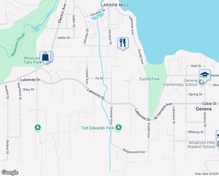 map of restaurants, bars, coffee shops, grocery stores, and more near 1416 Oriental Avenue in Bellingham