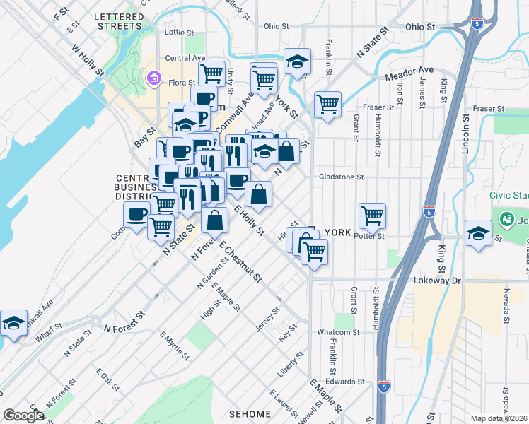 map of restaurants, bars, coffee shops, grocery stores, and more near 1240 North Garden Street in Bellingham