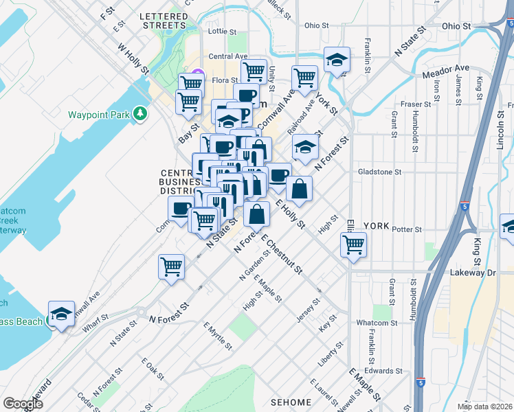 map of restaurants, bars, coffee shops, grocery stores, and more near 310 East Chestnut Street in Bellingham