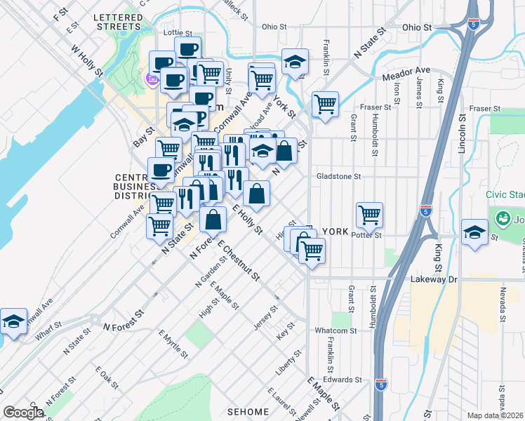 map of restaurants, bars, coffee shops, grocery stores, and more near 1240 North Garden Street in Bellingham