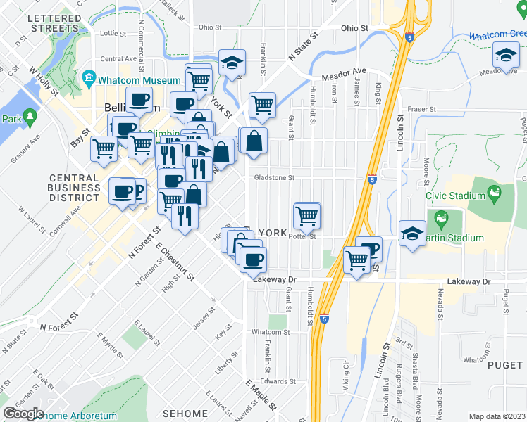 map of restaurants, bars, coffee shops, grocery stores, and more near 1429 Franklin Street in Bellingham