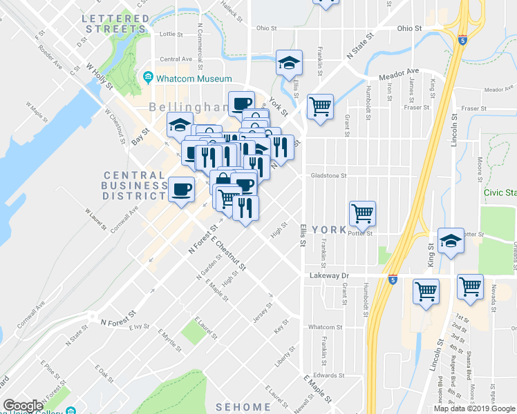 map of restaurants, bars, coffee shops, grocery stores, and more near 1325 North Forest Street in Bellingham