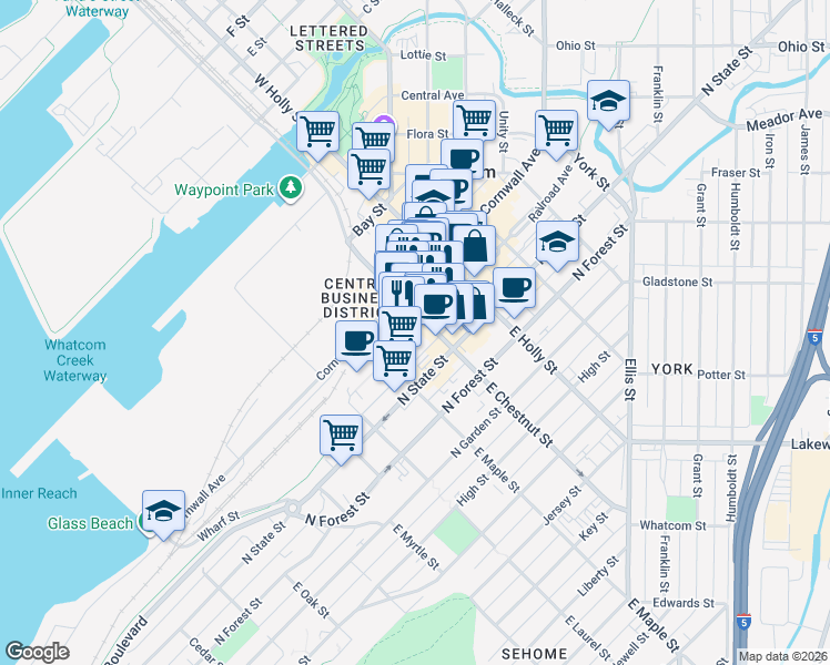 map of restaurants, bars, coffee shops, grocery stores, and more near 1200 Railroad Avenue in Bellingham