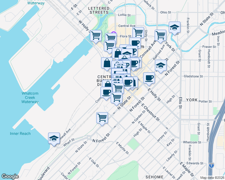 map of restaurants, bars, coffee shops, grocery stores, and more near in Bellingham