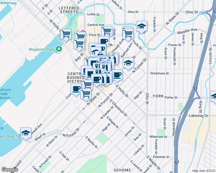 map of restaurants, bars, coffee shops, grocery stores, and more near 208 East Holly Street in Bellingham