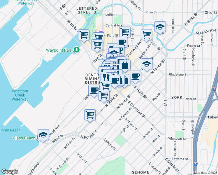 map of restaurants, bars, coffee shops, grocery stores, and more near 1125 Railroad Avenue in Bellingham