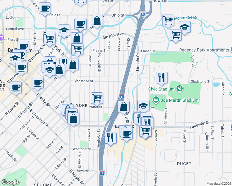 map of restaurants, bars, coffee shops, grocery stores, and more near 1460 Iron Street in Bellingham