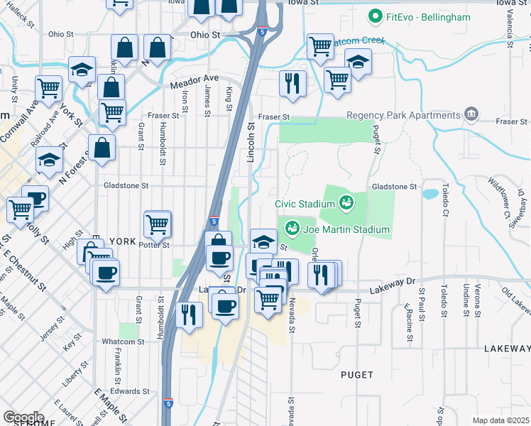 map of restaurants, bars, coffee shops, grocery stores, and more near 1400 Moore Street in Bellingham