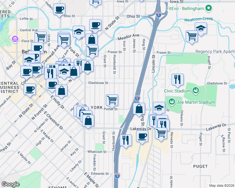 map of restaurants, bars, coffee shops, grocery stores, and more near 1456 Humboldt Street in Bellingham