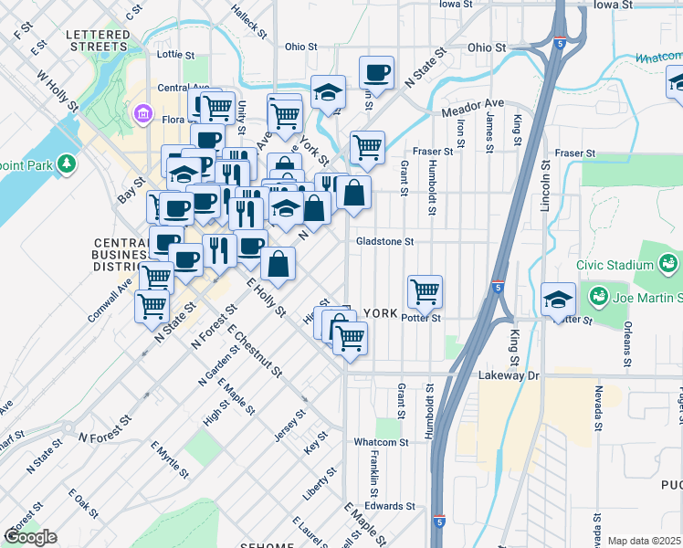 map of restaurants, bars, coffee shops, grocery stores, and more near 1424 North Garden Street in Bellingham