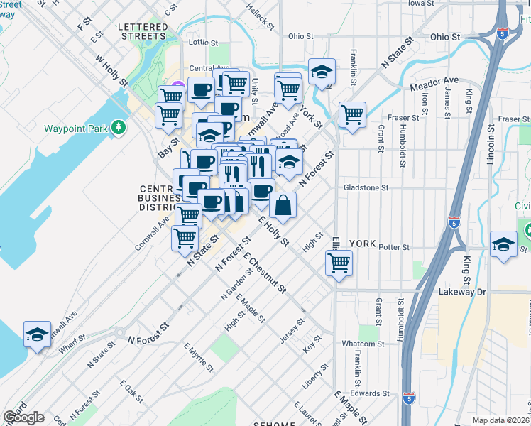 map of restaurants, bars, coffee shops, grocery stores, and more near 1300 North State Street in Bellingham