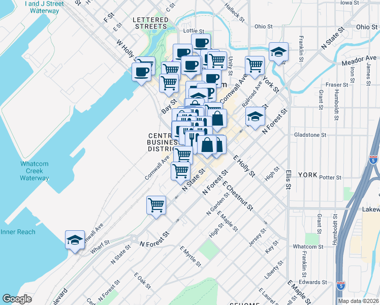 map of restaurants, bars, coffee shops, grocery stores, and more near 1200 Railroad Avenue in Bellingham