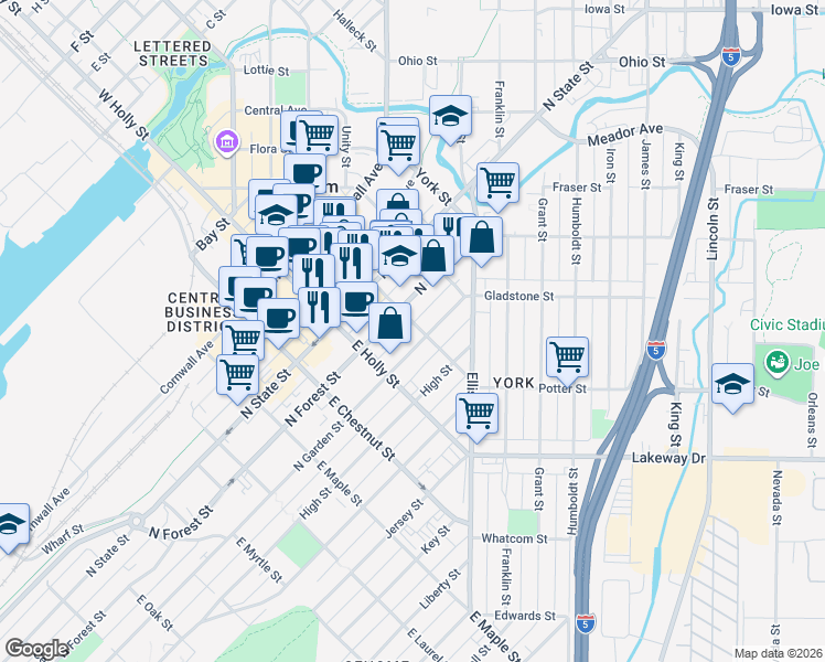 map of restaurants, bars, coffee shops, grocery stores, and more near 411 East Magnolia Street in Bellingham