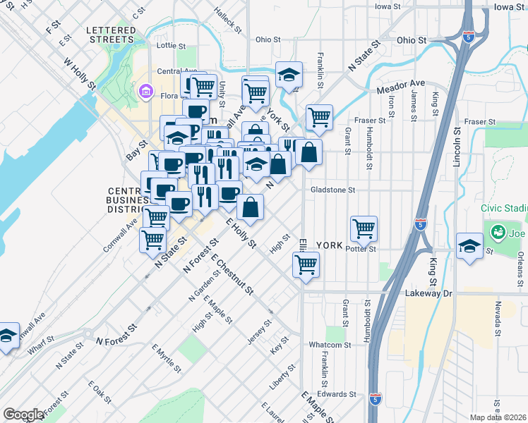 map of restaurants, bars, coffee shops, grocery stores, and more near 411 East Magnolia Street in Bellingham
