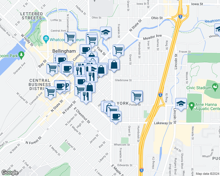 map of restaurants, bars, coffee shops, grocery stores, and more near 1447 Ellis Street in Bellingham