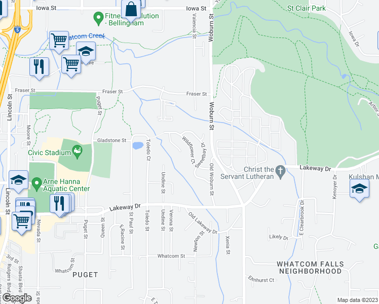 map of restaurants, bars, coffee shops, grocery stores, and more near 2170 Wildflower Way in Bellingham