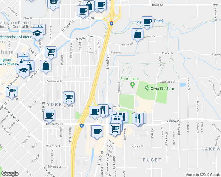 map of restaurants, bars, coffee shops, grocery stores, and more near 1471 Moore Street in Bellingham