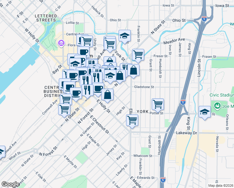 map of restaurants, bars, coffee shops, grocery stores, and more near 411 East Magnolia Street in Bellingham