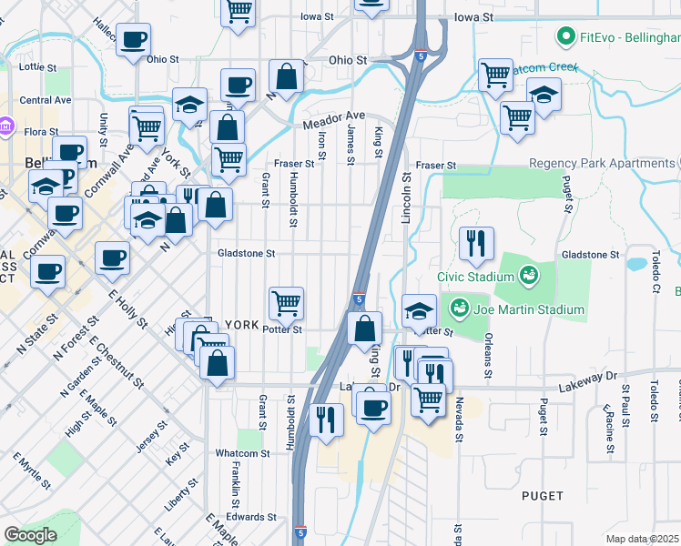 map of restaurants, bars, coffee shops, grocery stores, and more near 1460 Iron Street in Bellingham