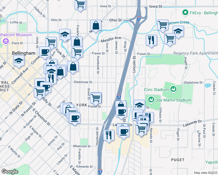 map of restaurants, bars, coffee shops, grocery stores, and more near 1460 Iron Street in Bellingham
