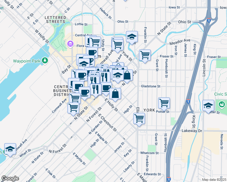 map of restaurants, bars, coffee shops, grocery stores, and more near 1325 North Forest Street in Bellingham