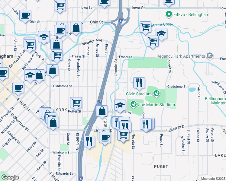 map of restaurants, bars, coffee shops, grocery stores, and more near 910 Gladstone Street in Bellingham