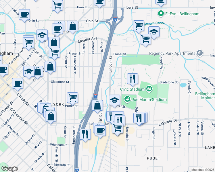 map of restaurants, bars, coffee shops, grocery stores, and more near 910 Gladstone Street in Bellingham