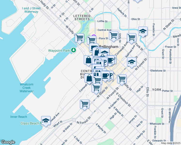 map of restaurants, bars, coffee shops, grocery stores, and more near in Bellingham