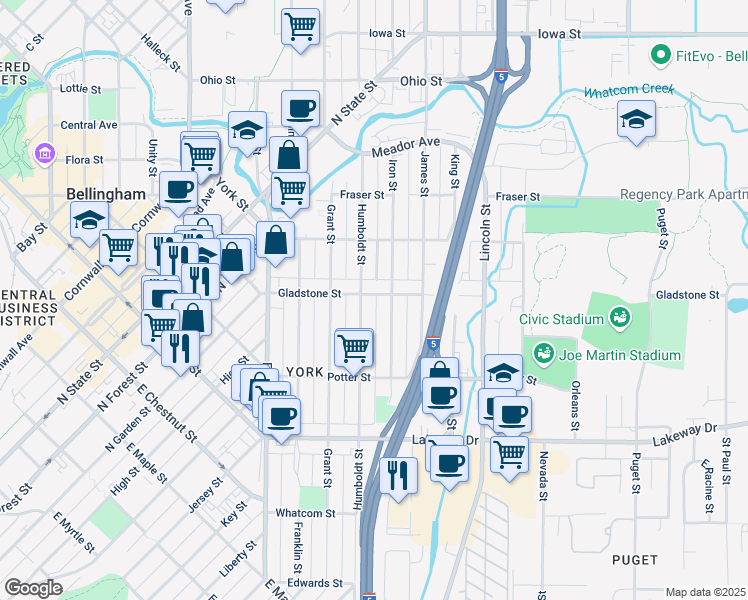 map of restaurants, bars, coffee shops, grocery stores, and more near 1456 Humboldt Street in Bellingham