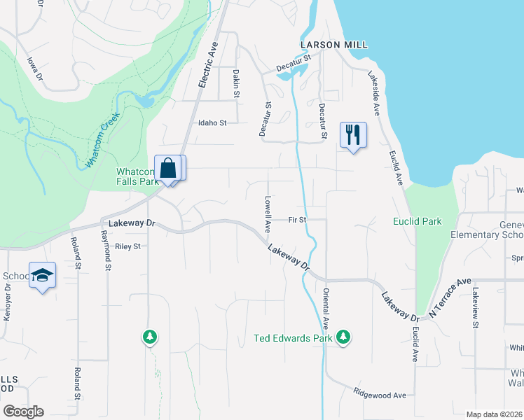 map of restaurants, bars, coffee shops, grocery stores, and more near 3919 Lakeway Drive in Bellingham