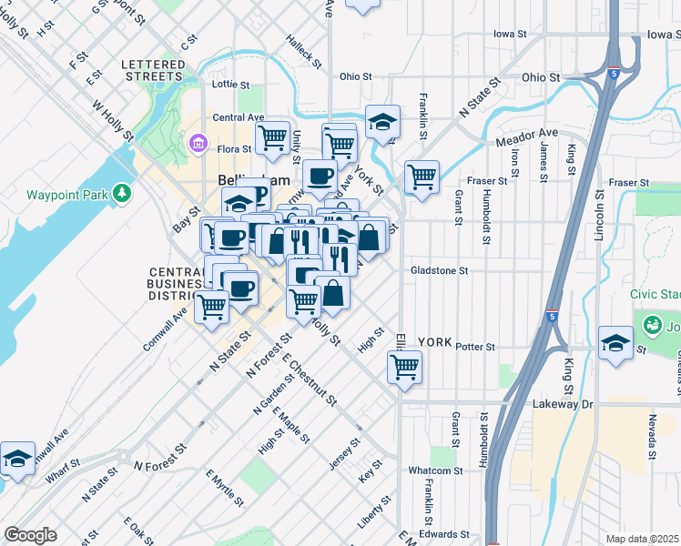 map of restaurants, bars, coffee shops, grocery stores, and more near 1325 North Forest Street in Bellingham