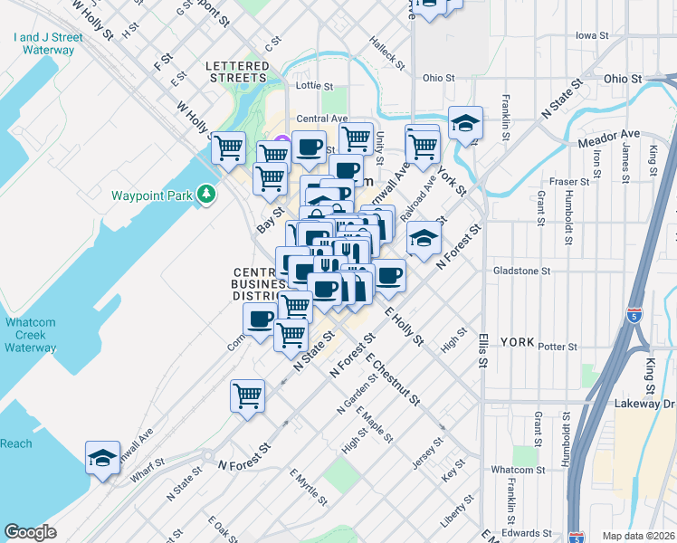 map of restaurants, bars, coffee shops, grocery stores, and more near 1225 Railroad Avenue in Bellingham
