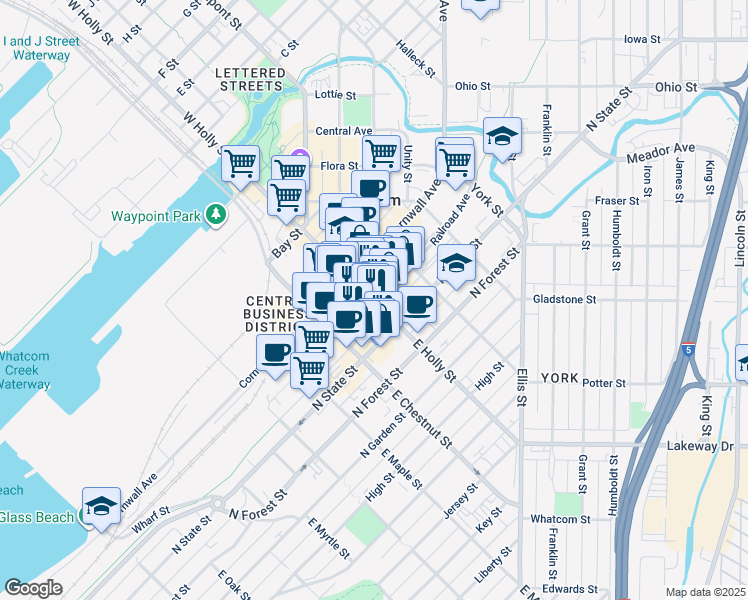 map of restaurants, bars, coffee shops, grocery stores, and more near East Holly Street & Railroad Avenue in Bellingham