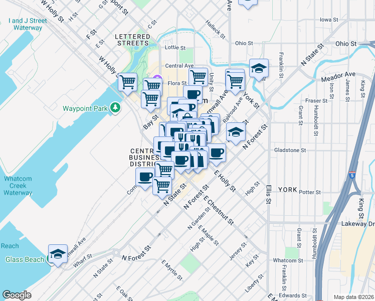 map of restaurants, bars, coffee shops, grocery stores, and more near 208 East Holly Street in Bellingham