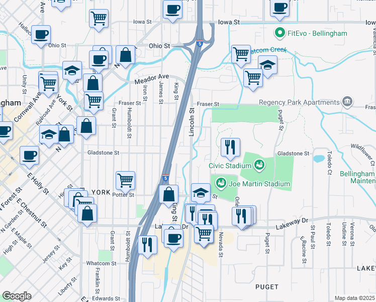 map of restaurants, bars, coffee shops, grocery stores, and more near 1503 Lincoln Street in Bellingham