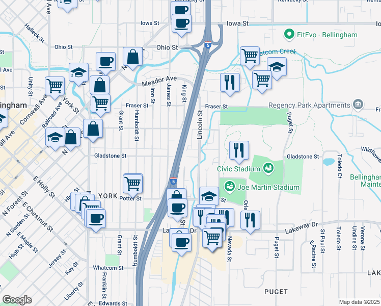map of restaurants, bars, coffee shops, grocery stores, and more near 910 Gladstone Street in Bellingham