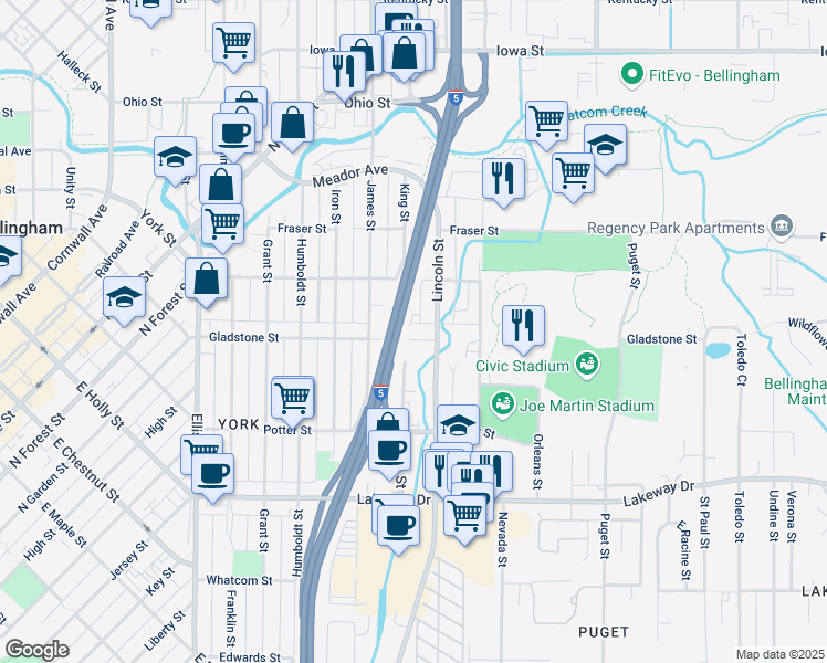 map of restaurants, bars, coffee shops, grocery stores, and more near 1527 Lincoln Street in Bellingham