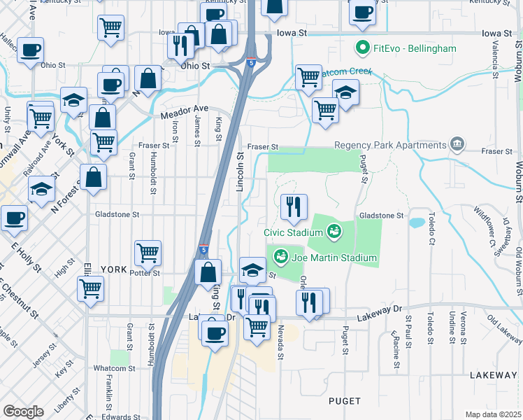 map of restaurants, bars, coffee shops, grocery stores, and more near 1505 Moore Street in Bellingham