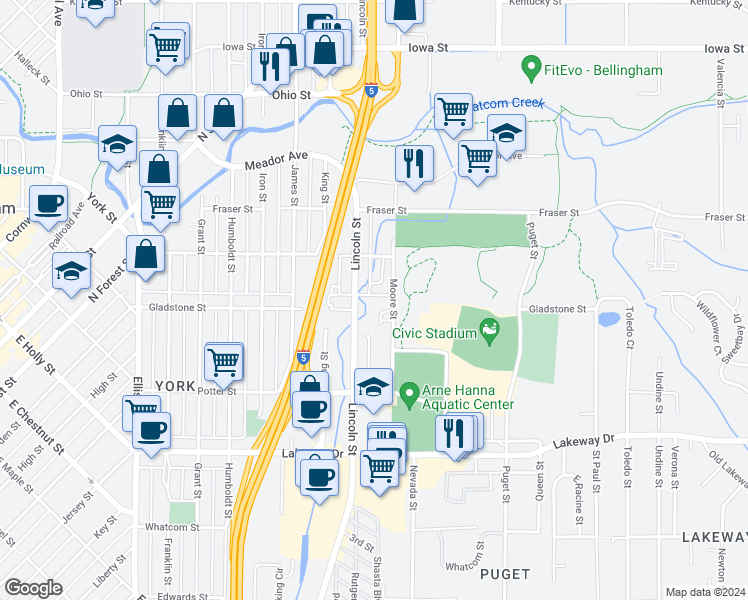 map of restaurants, bars, coffee shops, grocery stores, and more near 1060 York Street in Bellingham