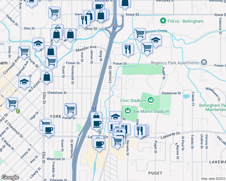 map of restaurants, bars, coffee shops, grocery stores, and more near 1060 York Street in Bellingham