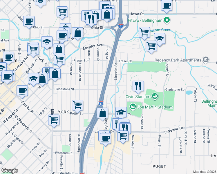 map of restaurants, bars, coffee shops, grocery stores, and more near 1527 Lincoln Street in Bellingham