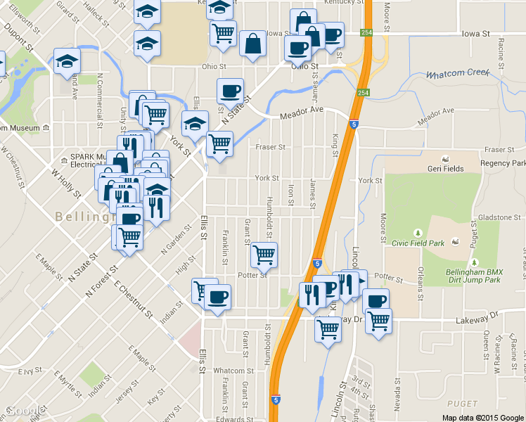 map of restaurants, bars, coffee shops, grocery stores, and more near 1526 Humboldt Street in Bellingham