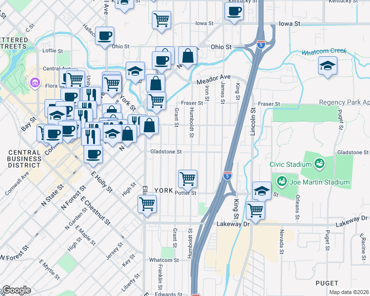 map of restaurants, bars, coffee shops, grocery stores, and more near 1525 Grant Street in Bellingham