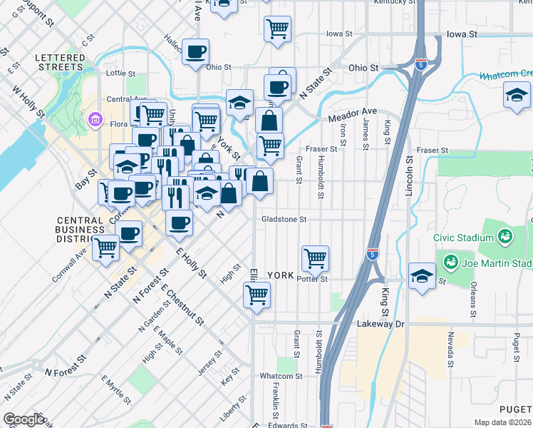 map of restaurants, bars, coffee shops, grocery stores, and more near 1525 Franklin Street in Bellingham