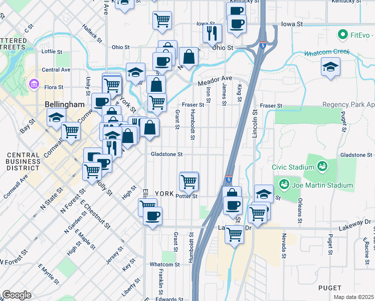 map of restaurants, bars, coffee shops, grocery stores, and more near 1526 Humboldt Street in Bellingham